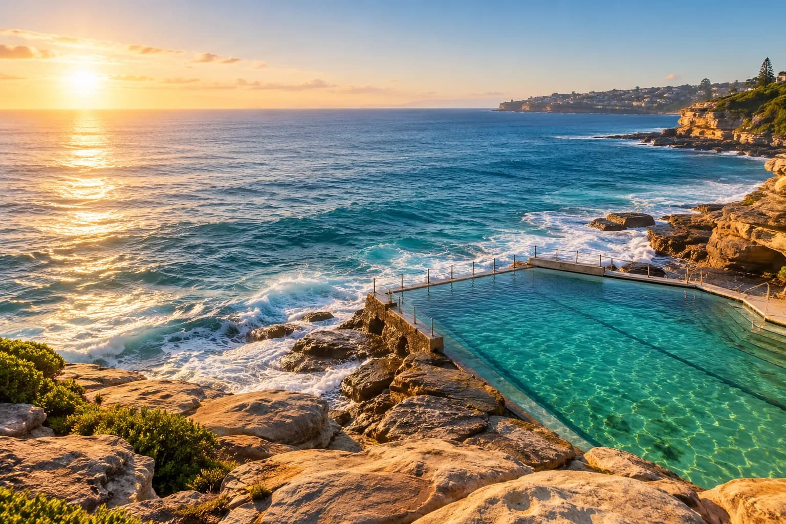 Illustrative view of a coastal swimming pool beside sandstone cliffs