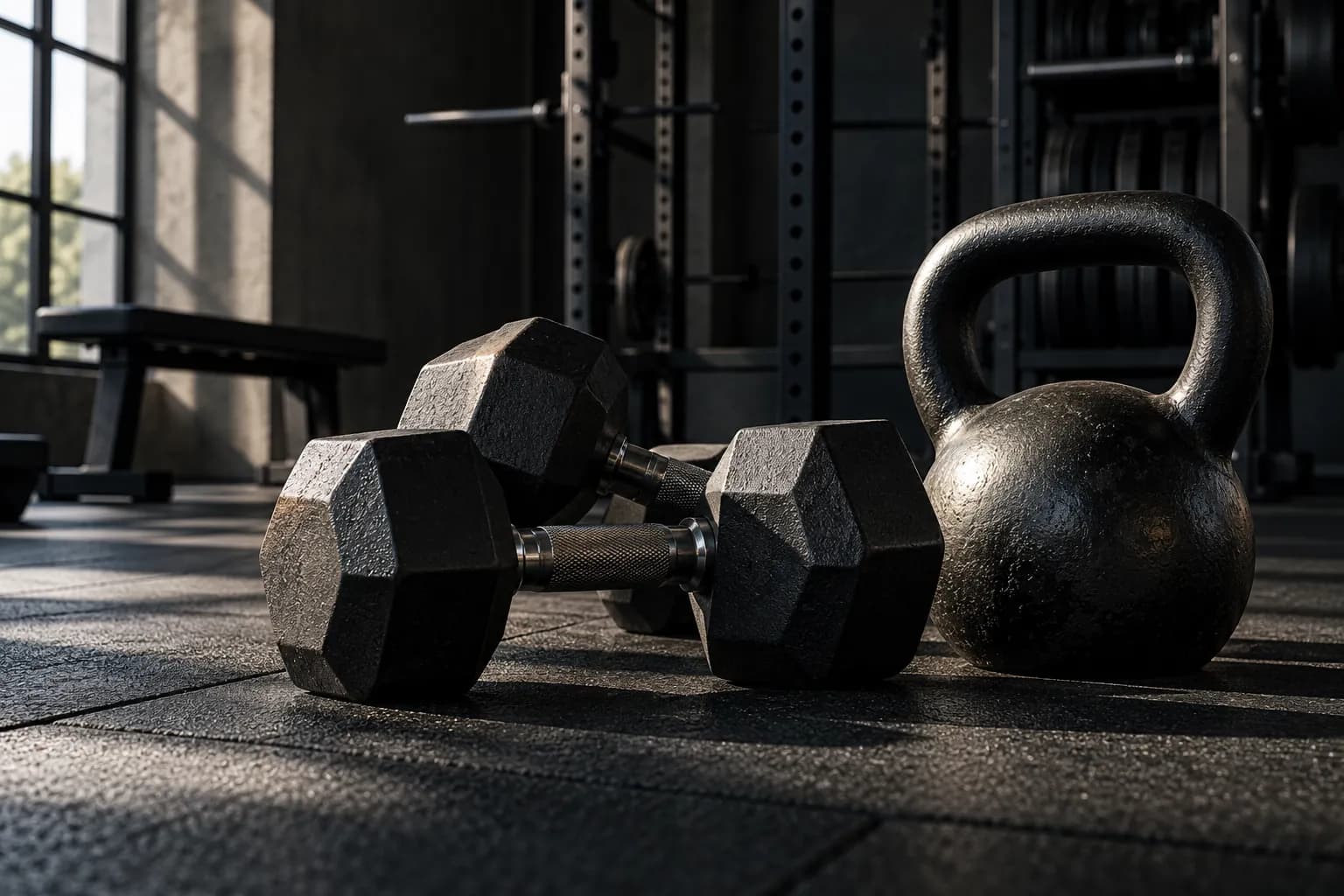 Illustrative gym still life with black dumbbells and a kettlebell